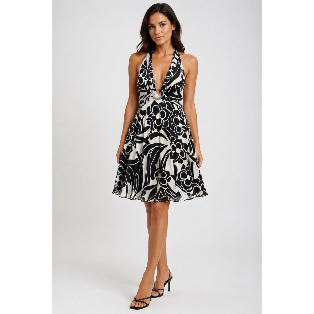 Y2K My Michelle Halter Dress L Black White Floral O Ring Open Back Party